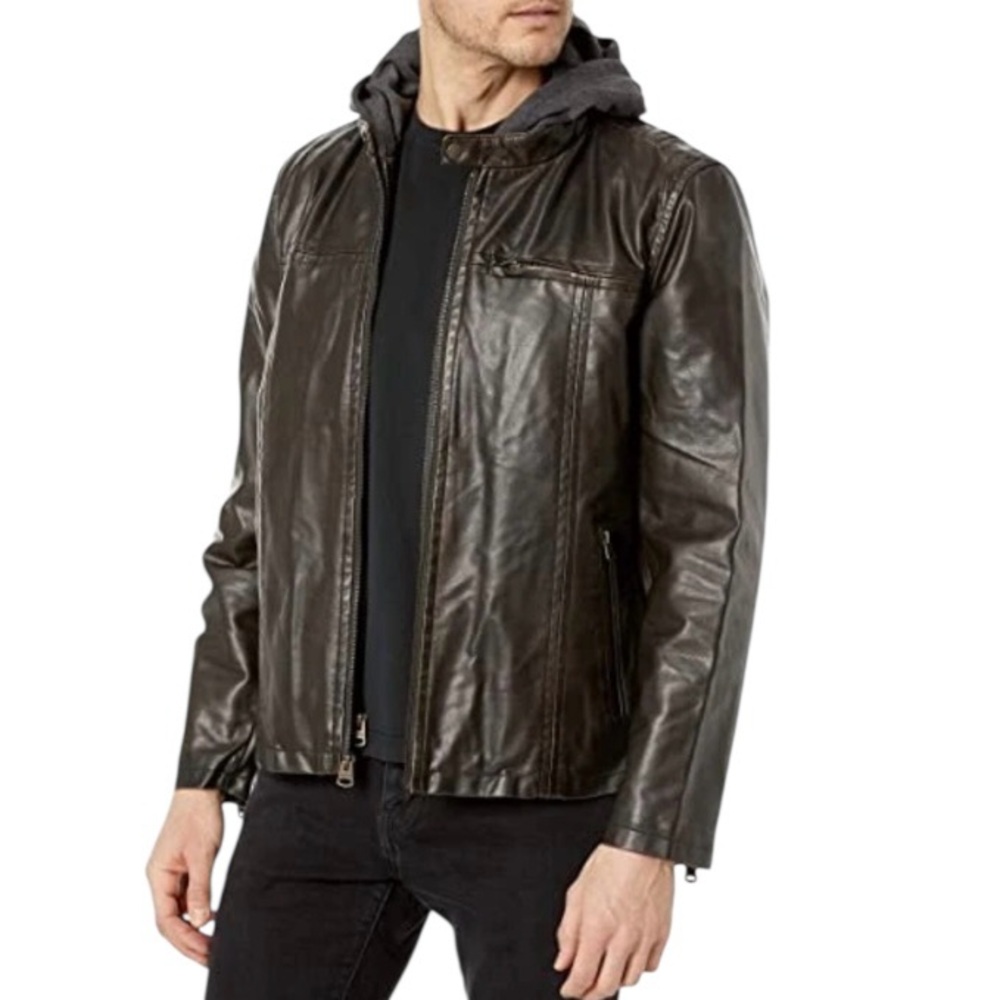 Levi's Men’s M Faux Leather Hooded Racer Jacket Dark Brown & Grey Hoodie Layer